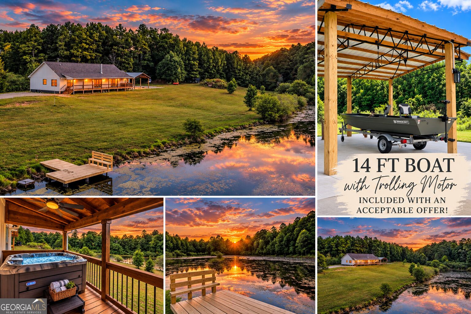 Waterfront home at sunset with a wooden dock, covered hot tub, and a boat offered with the property.