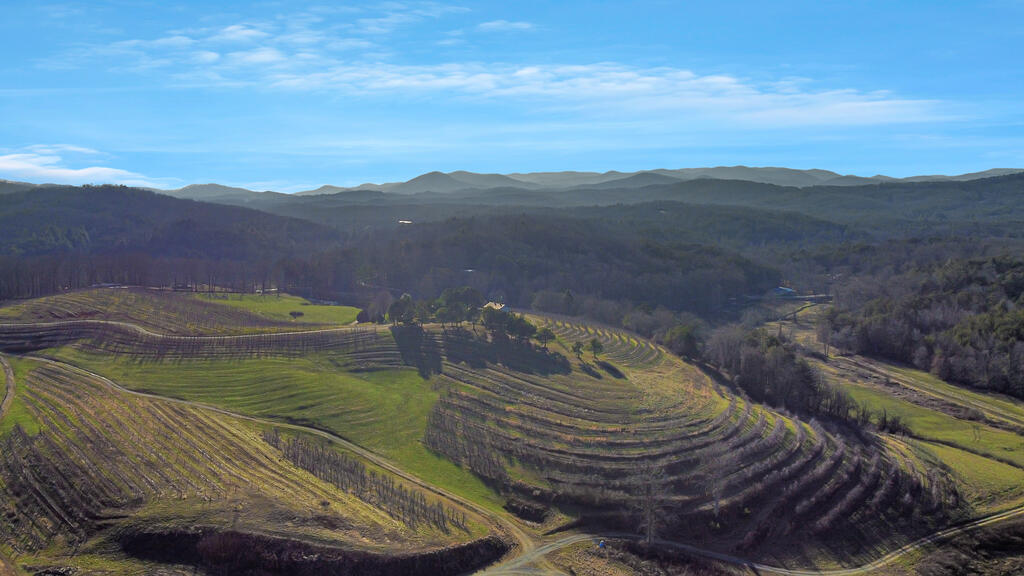 Terraced fields and wooded mountain ridges viewed from above.