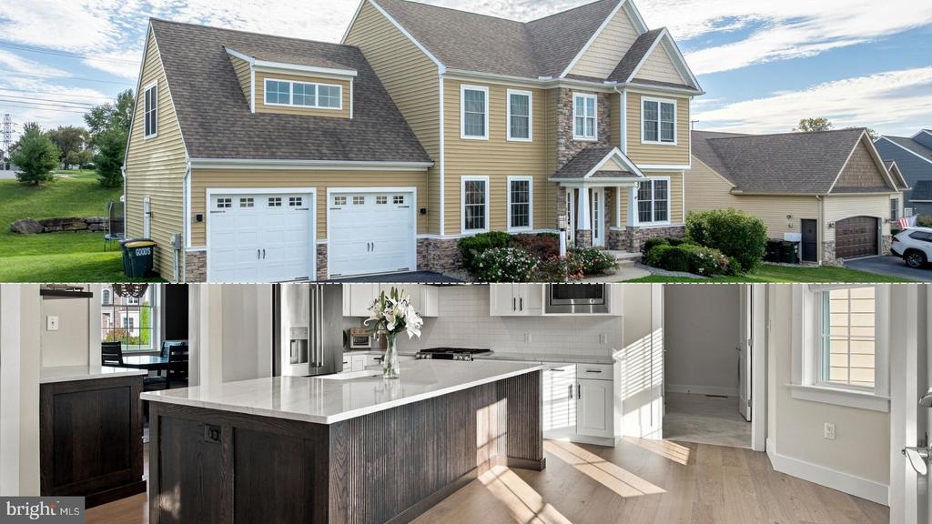 Tan two-story home with stone accents and multiple garages; bright kitchen with a dark wood island.