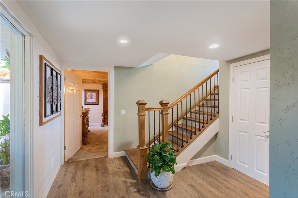 Entry foyer with a carpeted staircase, wood handrails, black balusters, and a potted plant.