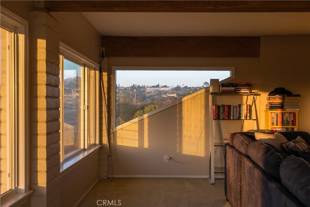 Living room with large windows overlooking hills, a sofa, and bookshelves in warm sunlight.