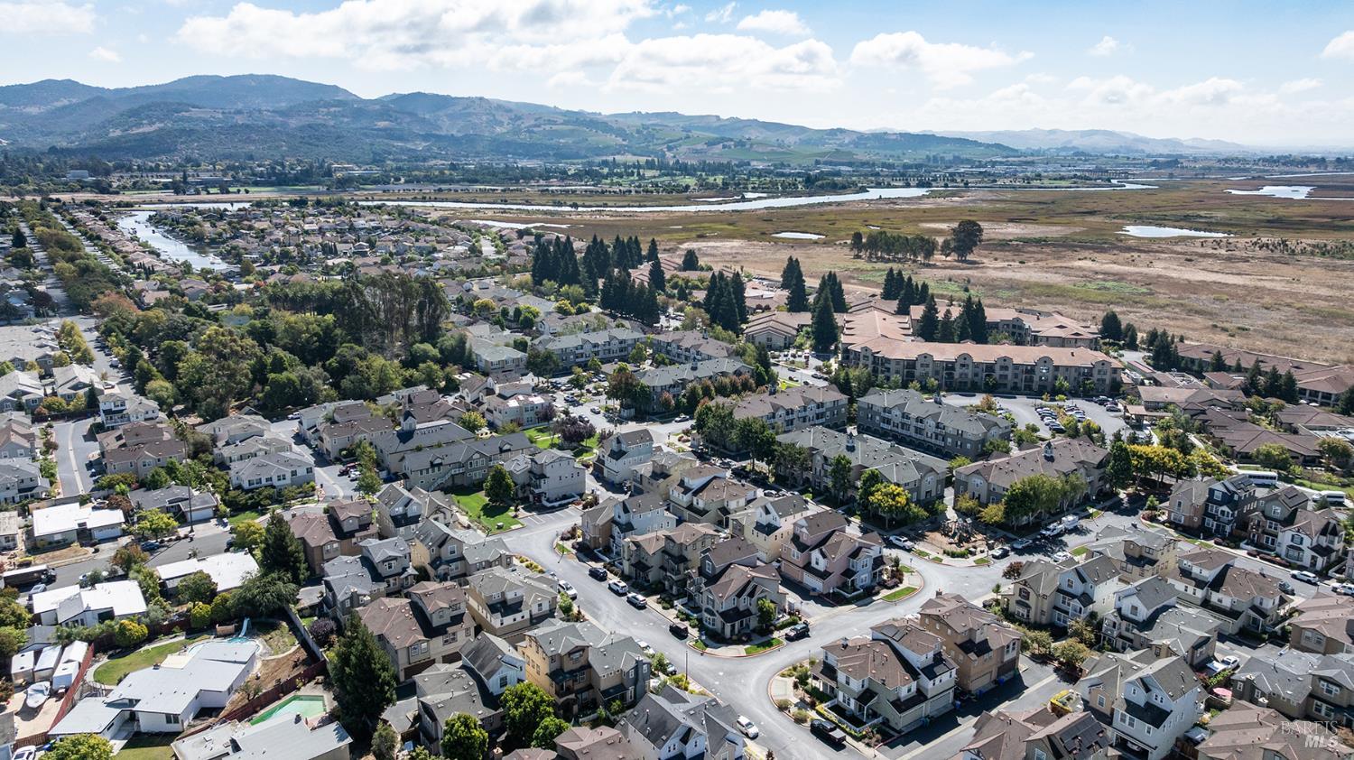 Aerial view of Napa homes beside wetlands, with waterways and mountains in the distance.