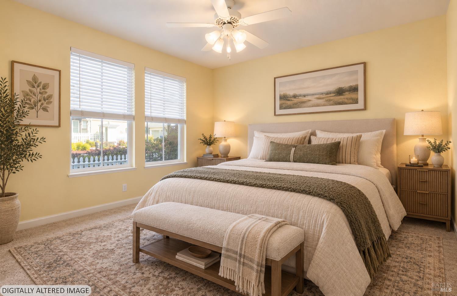 Staged bedroom with a large cream bed, cushioned bench, and two windows with white blinds.