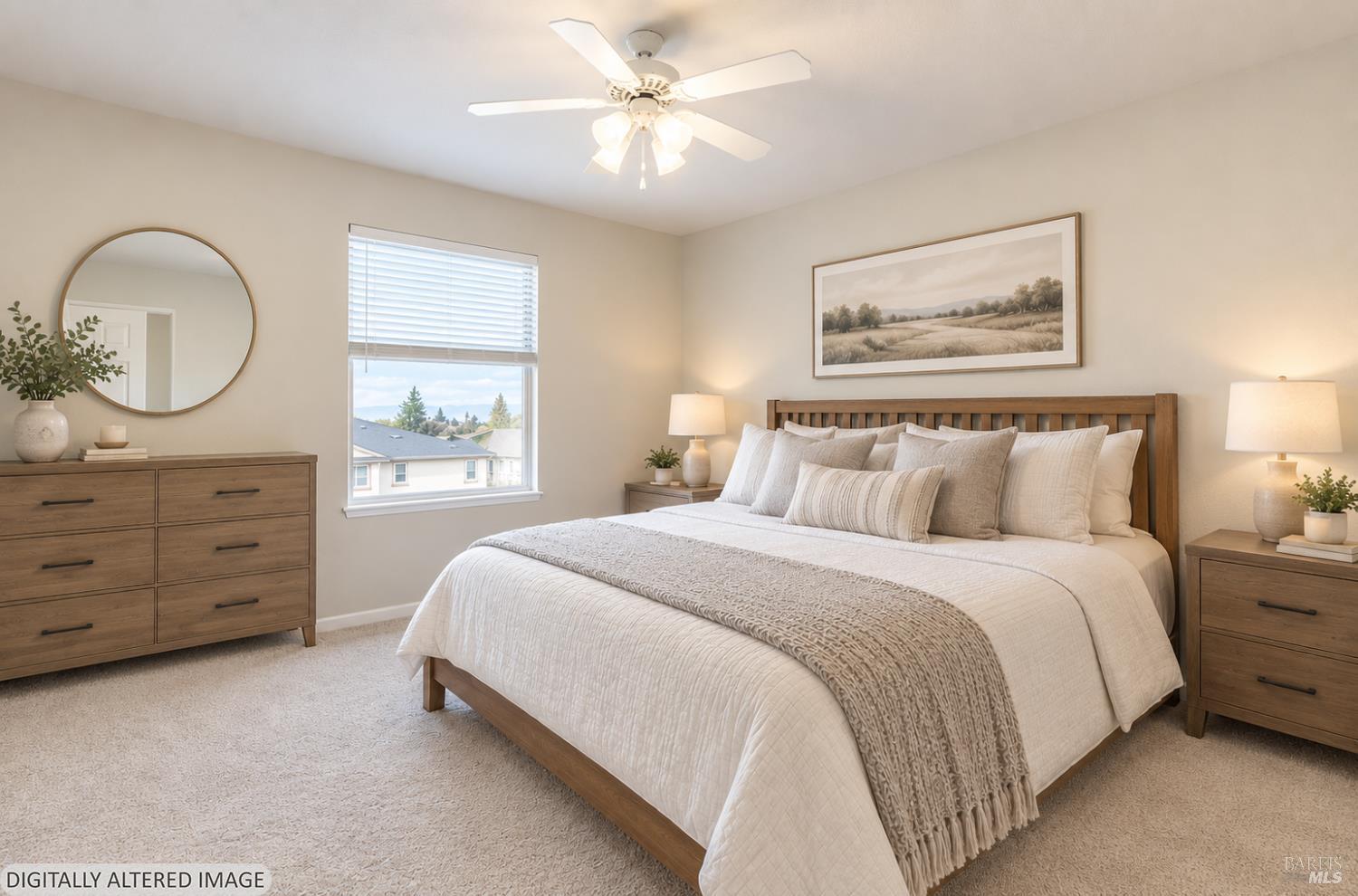 Staged bedroom with a wood bed, neutral bedding, matching furniture, and a window with blinds.