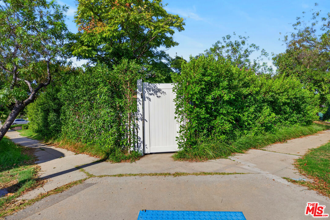 White pedestrian gate framed by dense hedges beside the sidewalk.