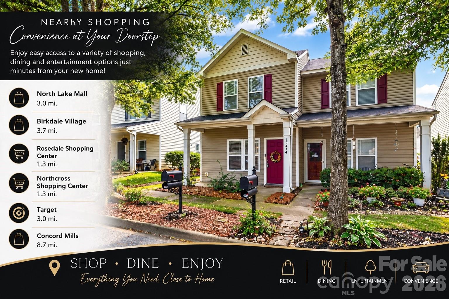 Nearby shopping graphic listing local destinations and distances beside a photo of the two-story home.