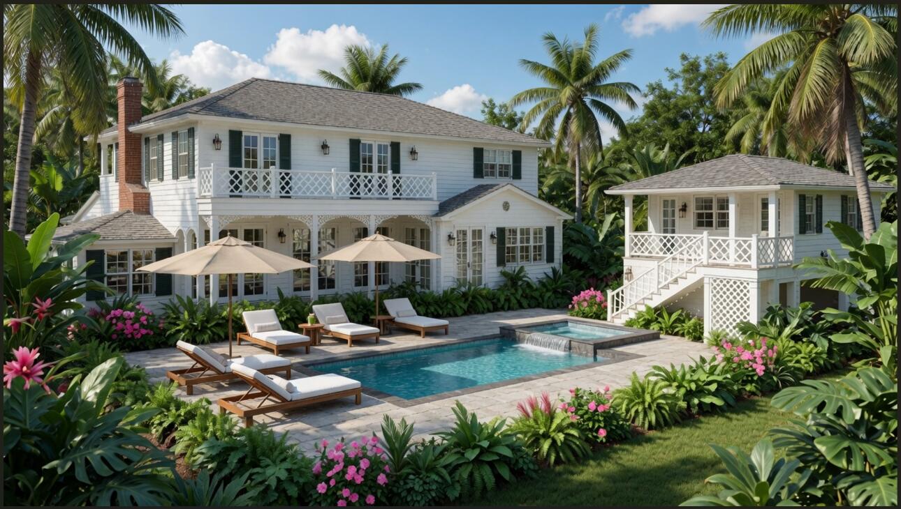White two-story tropical home with a swimming pool, palm trees, and a separate poolside pavilion.