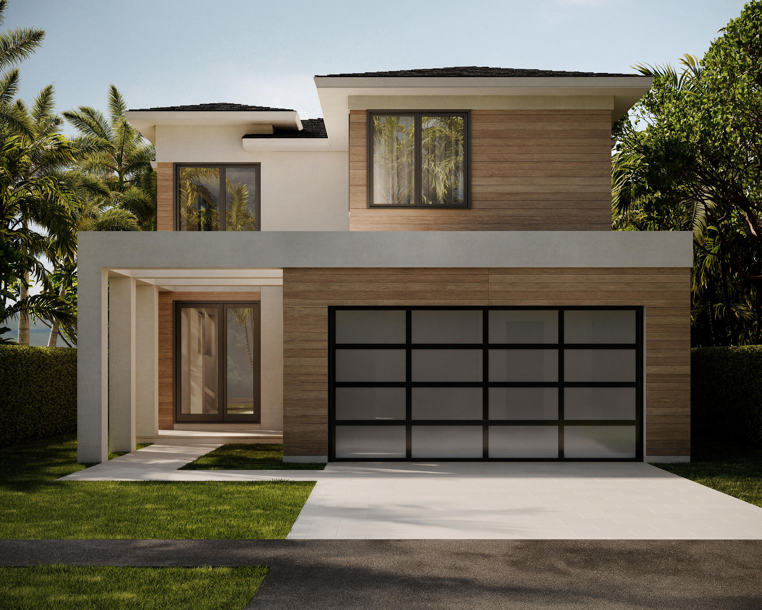 Modern two-story home with wood siding, a broad garage, and tropical landscaping.