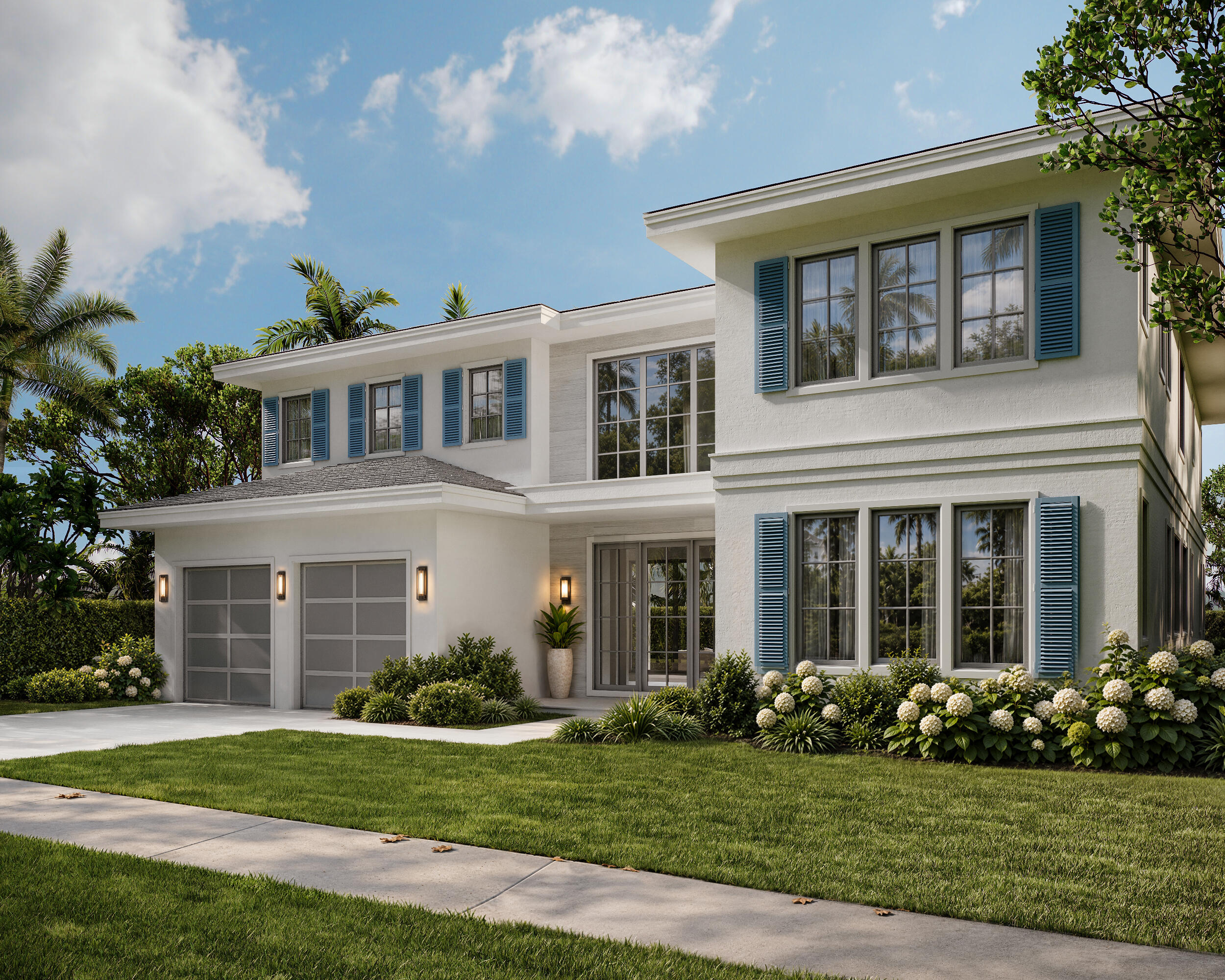 Two-story white home with blue shutters, a two-car garage, and landscaped front yard.