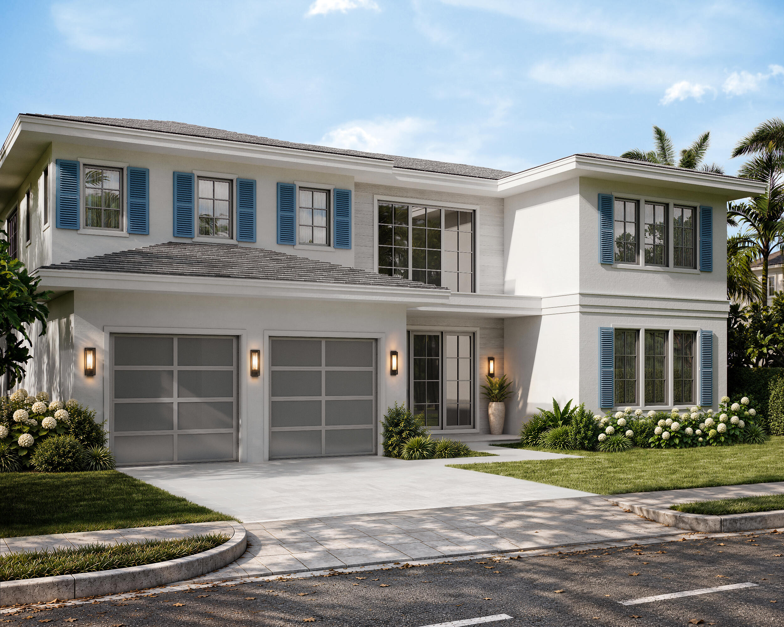 Two-story white house with blue shutters, twin garage doors, and landscaped front yard.