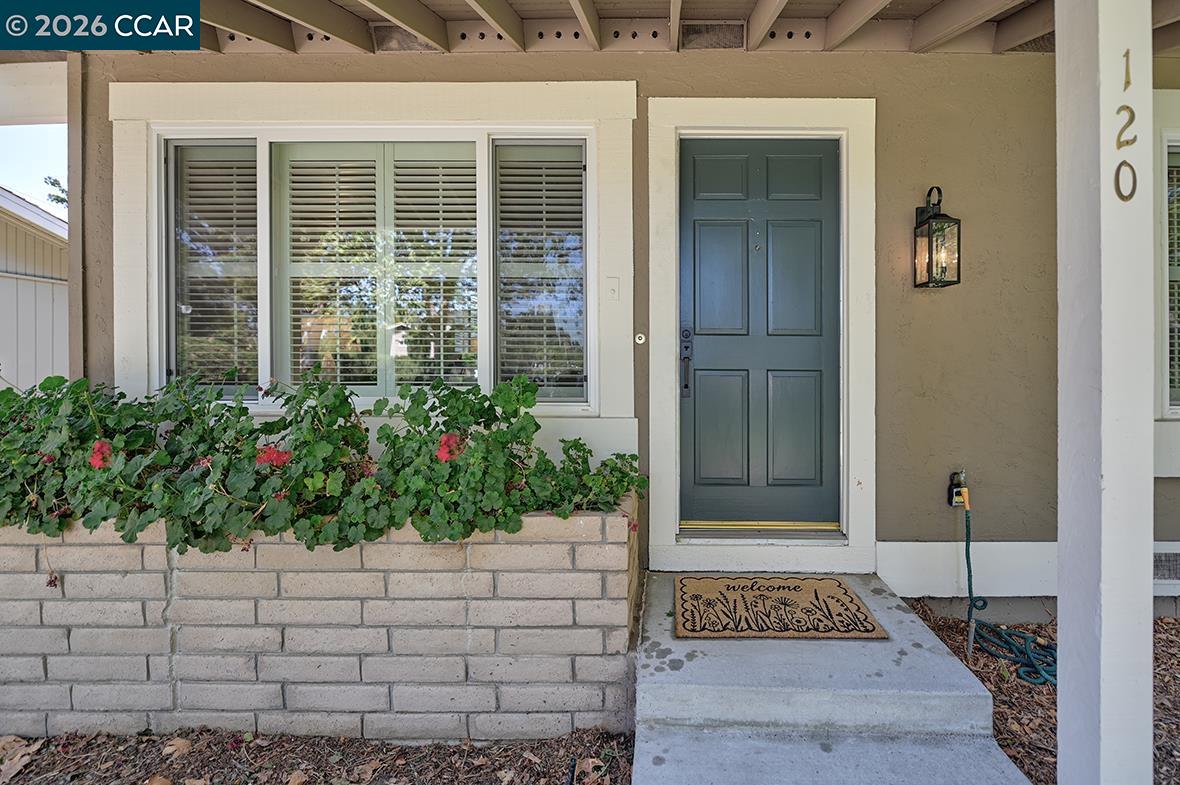 Home entrance with a blue front door, covered porch, and flowering shrubs in a brick planter.