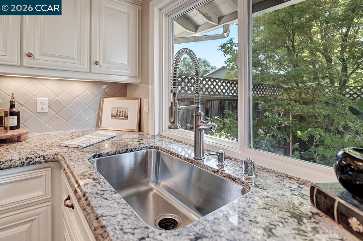 Kitchen sink with a tall spring faucet, granite counters, and a window overlooking leafy greenery.