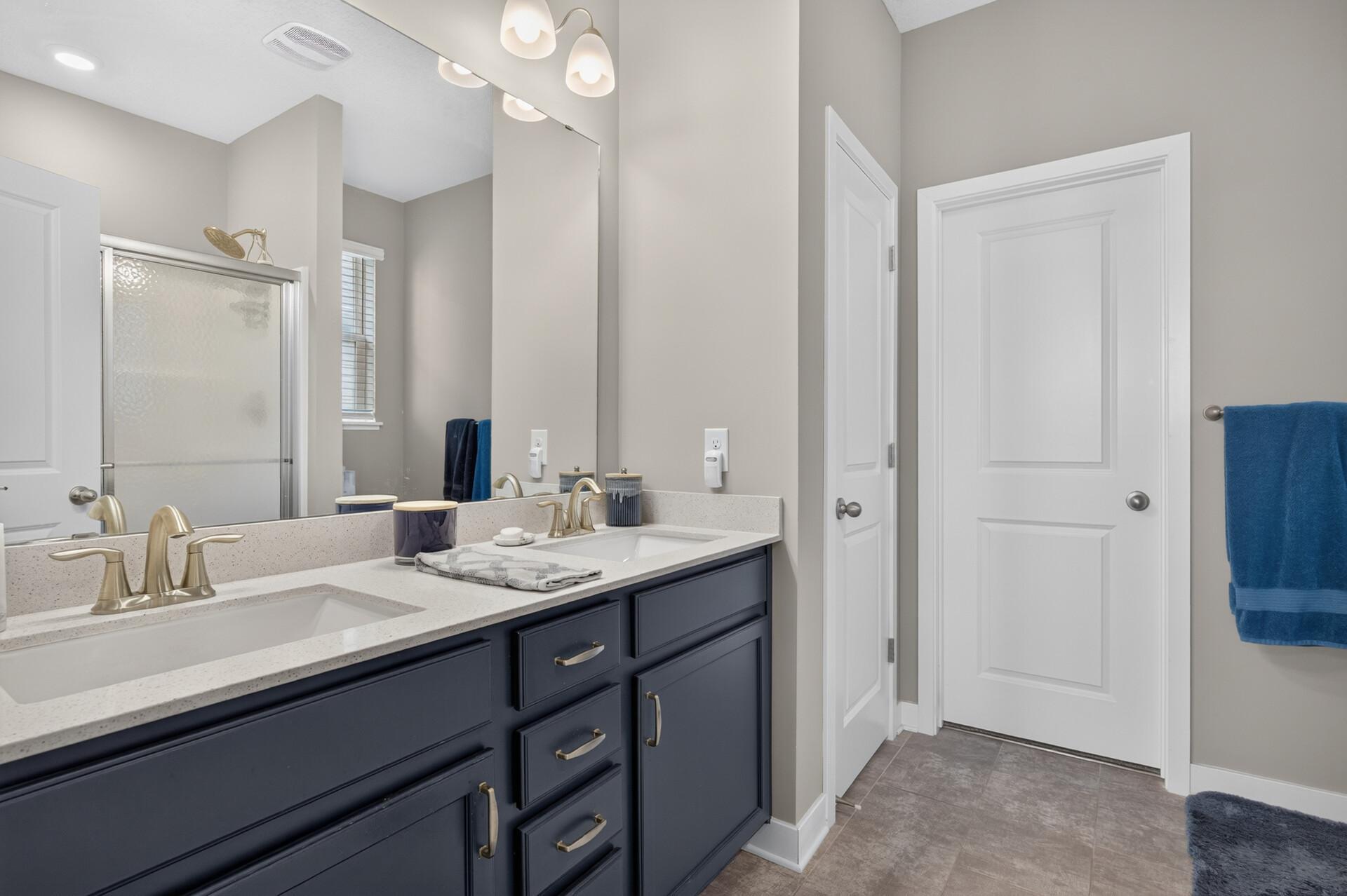 Bathroom with a dark blue double vanity, large mirror, and glass-enclosed shower.