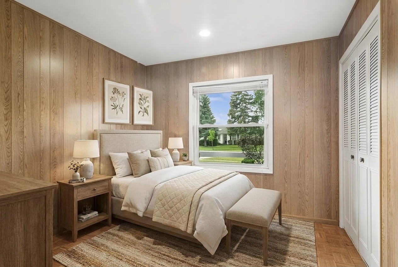 Staged bedroom with wood-paneled walls, a neatly made bed, foot bench, and window overlooking trees.