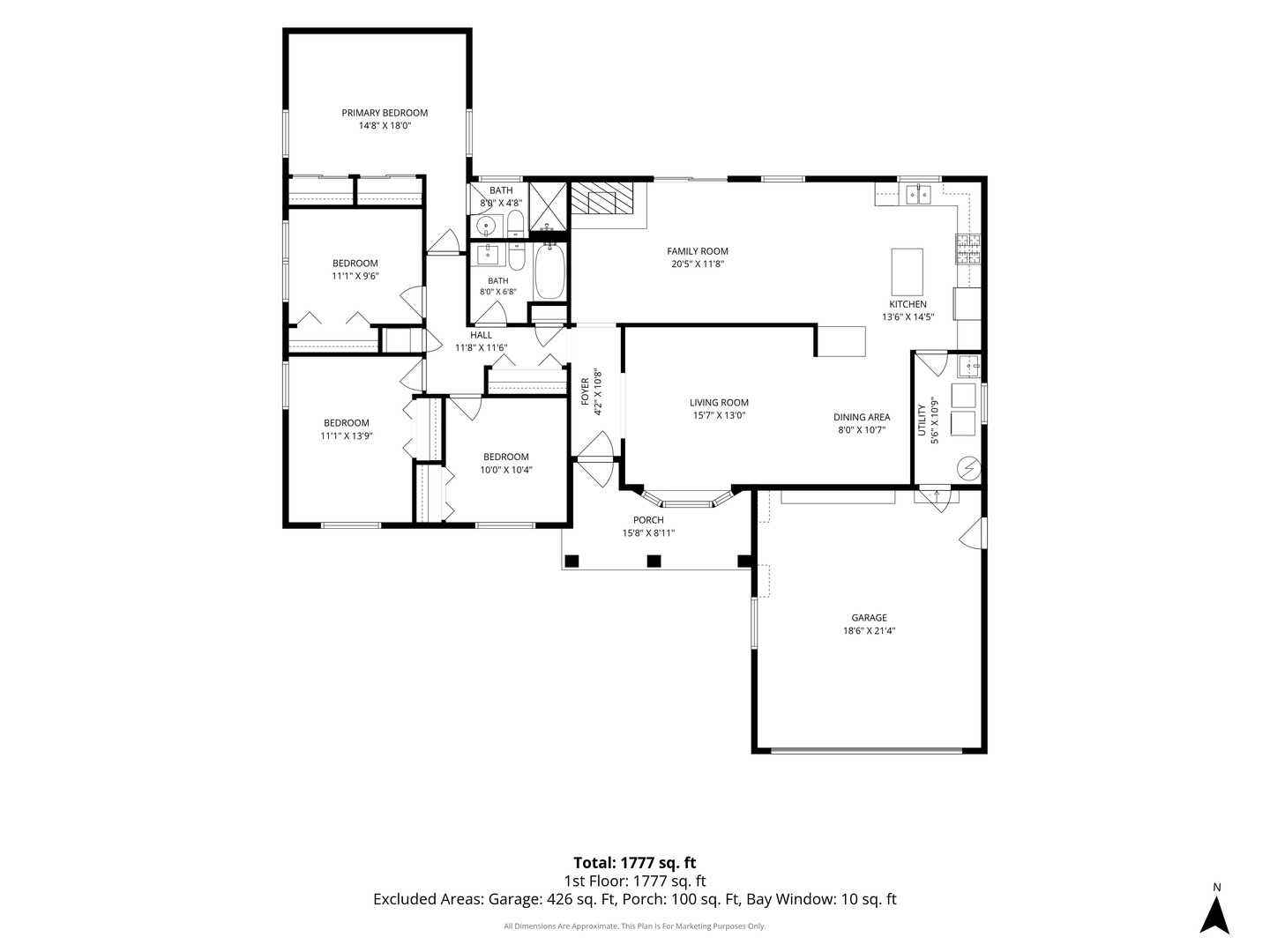Floor plan showing four bedrooms, two bathrooms, open living and dining areas, kitchen, porch, and attached garage.