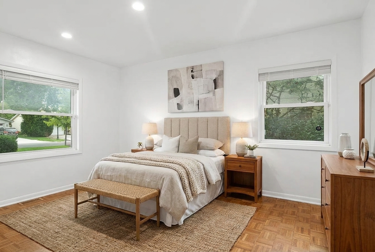 Staged bedroom with a bed, woven bench, two windows, and parquet flooring.