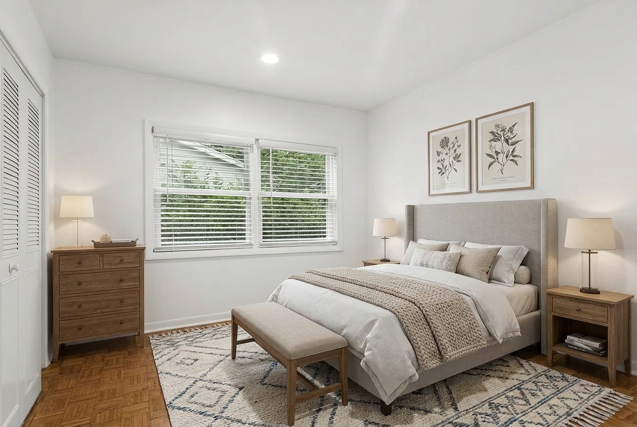 Staged bedroom with a large upholstered bed, botanical prints, and parquet hardwood flooring.