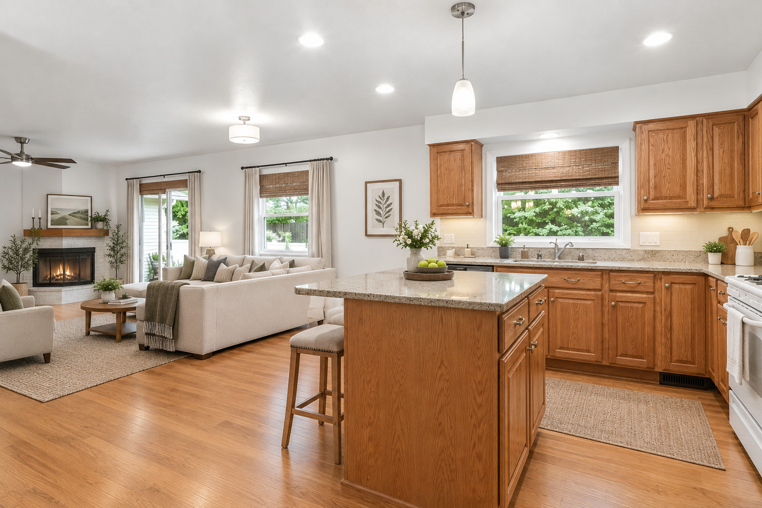 Open-plan kitchen and living room with a large wood island, granite counters, and a fireplace.
