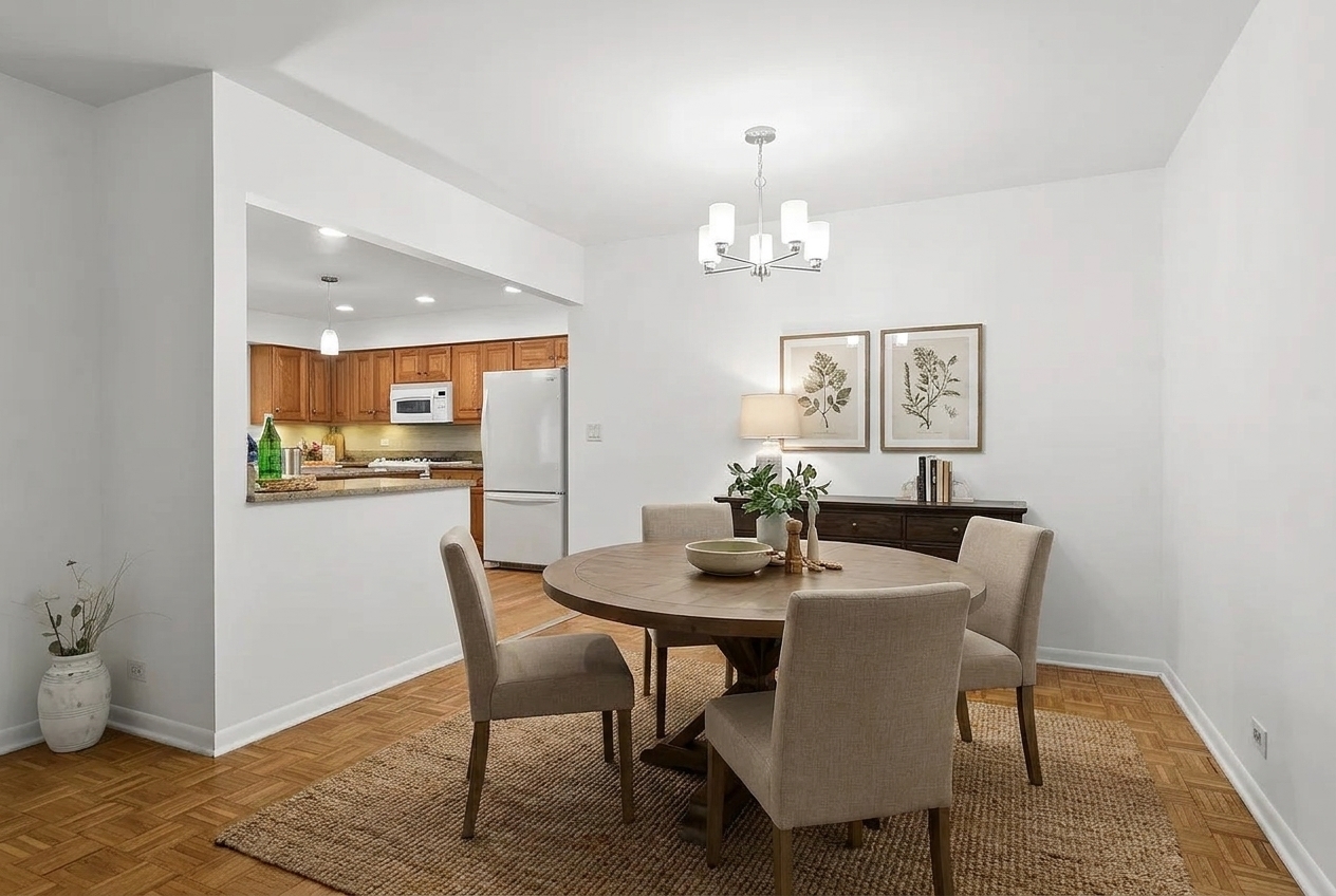 Dining room with a round table, upholstered chairs, parquet flooring, and an adjoining wood-cabinet kitchen.