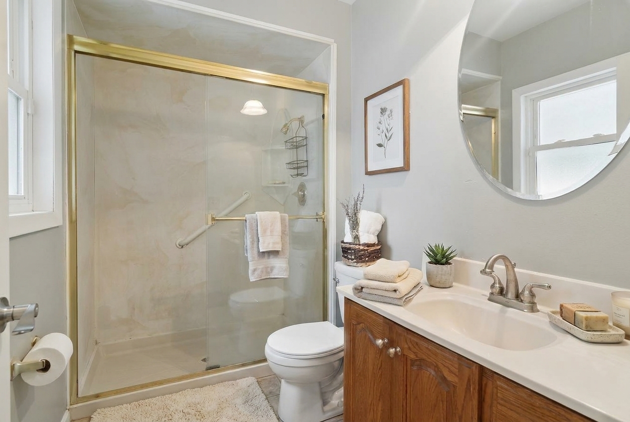 Bathroom with a gold-framed glass shower, wood vanity, and large round mirror.