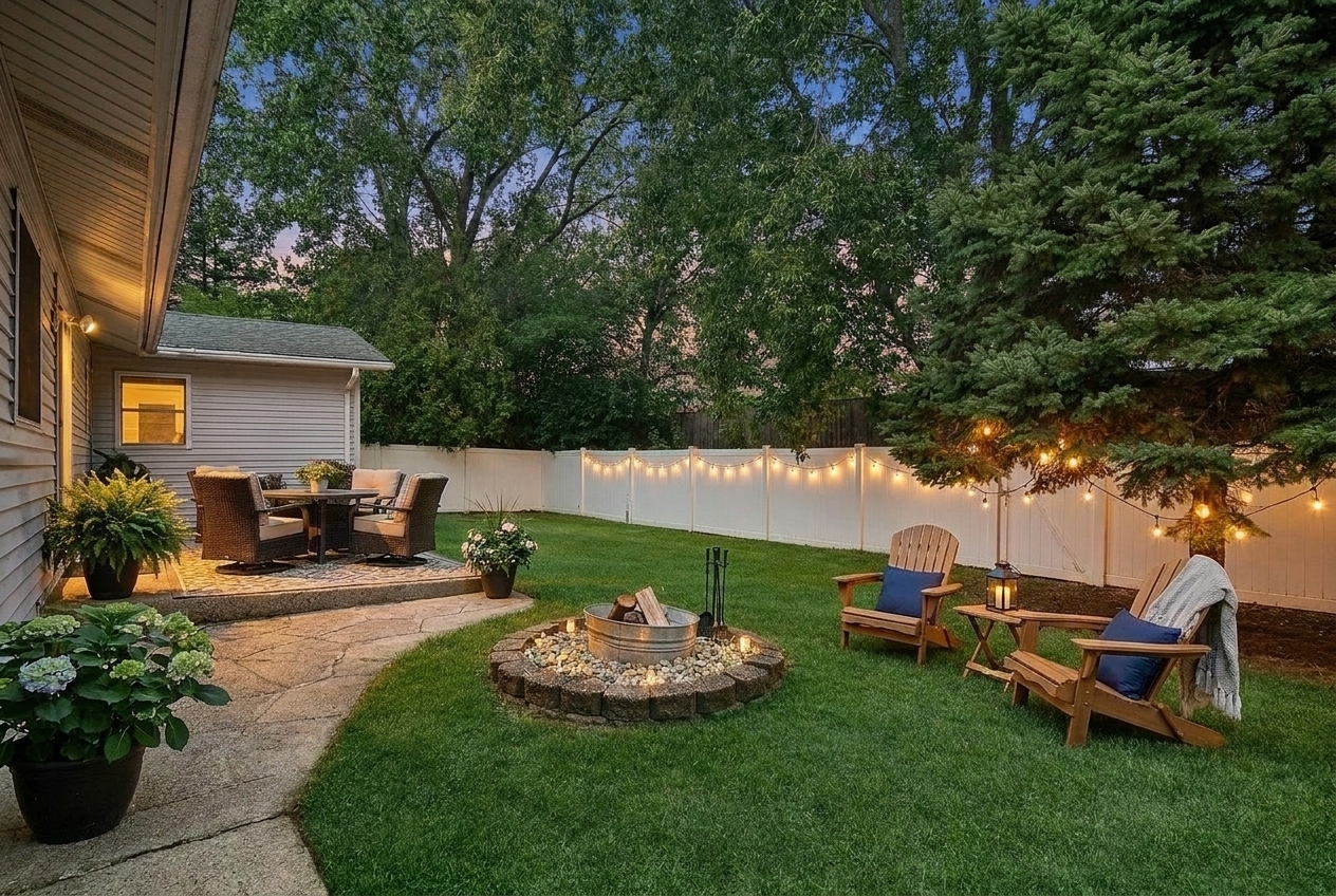 Backyard patio with a fire pit, Adirondack chairs, and string lights along a white fence.