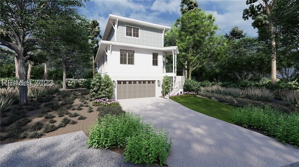 Rendered white coastal-style home with a raised garage, landscaped yard, and curved driveway.
