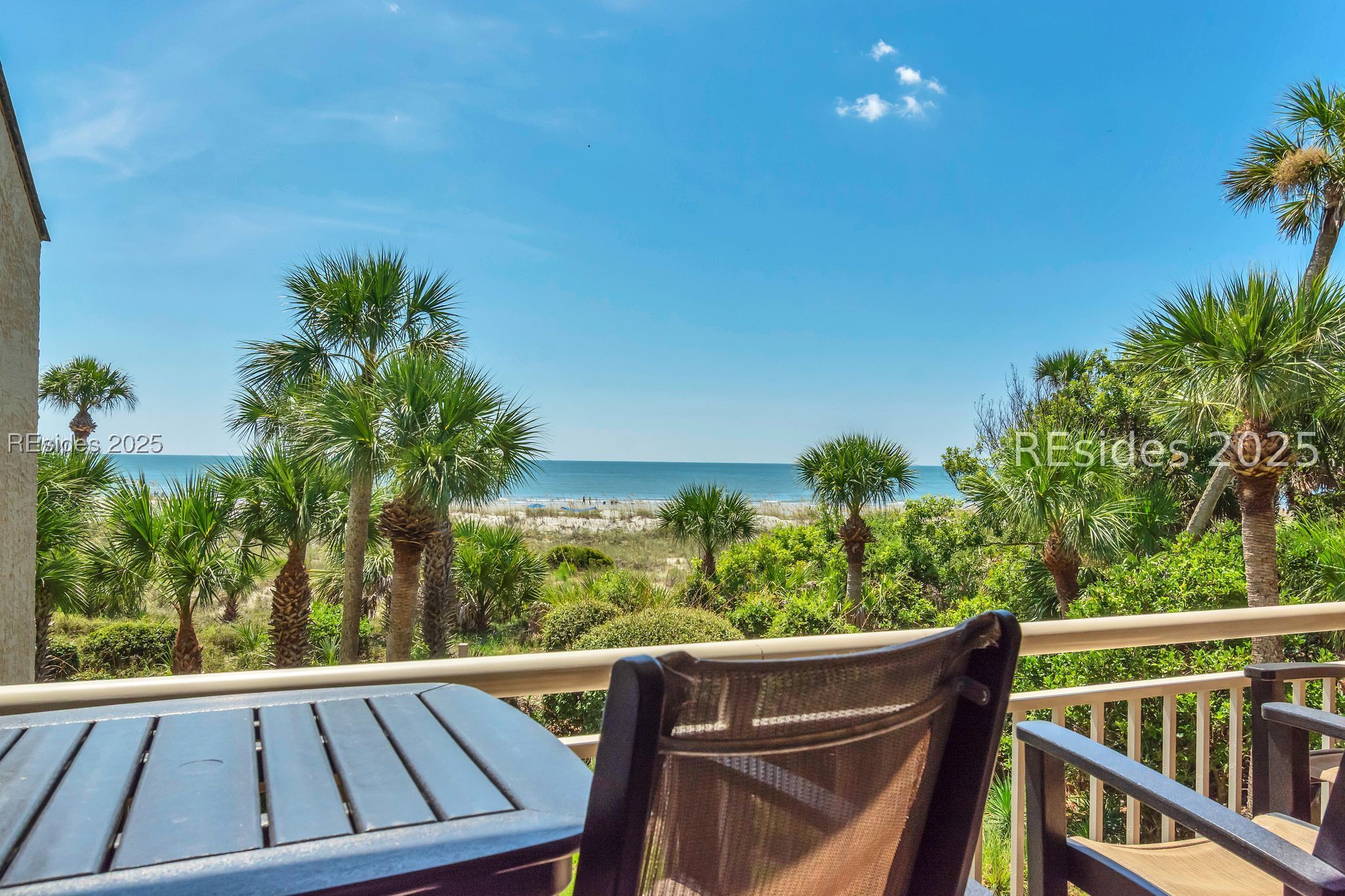 Furnished balcony overlooks the ocean, framed by palm trees and coastal greenery.