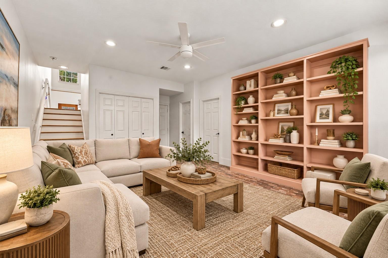 Staged living room with a cream sectional, blush built-in bookcase, and brick flooring.