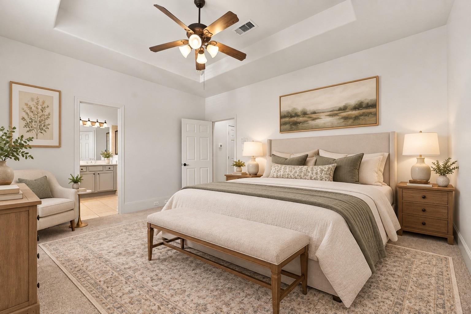 Staged bedroom with a large upholstered bed, neutral bedding, and a cushioned bench beneath a ceiling fan.