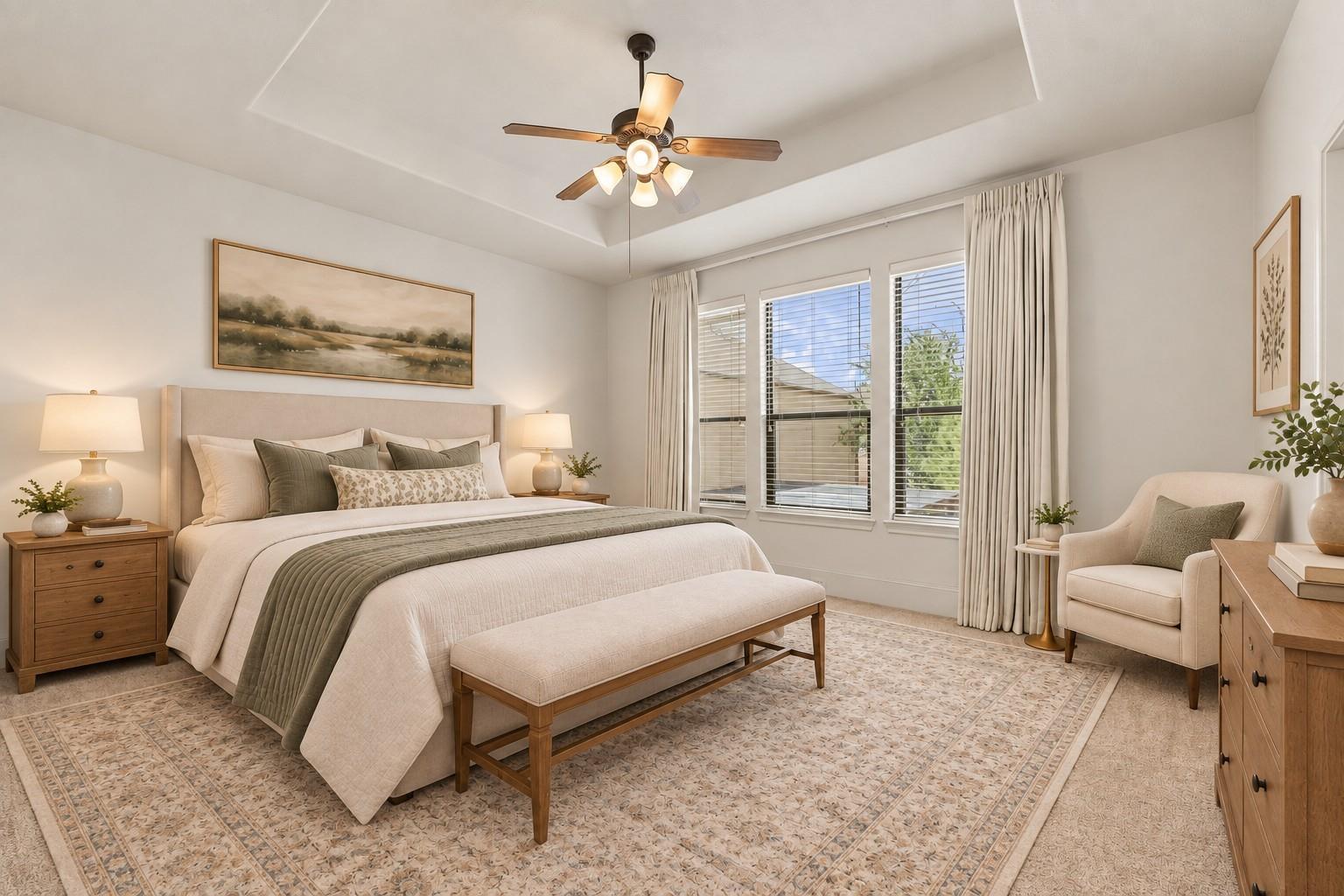 Staged bedroom with a large bed, upholstered bench, and tall curtained windows.