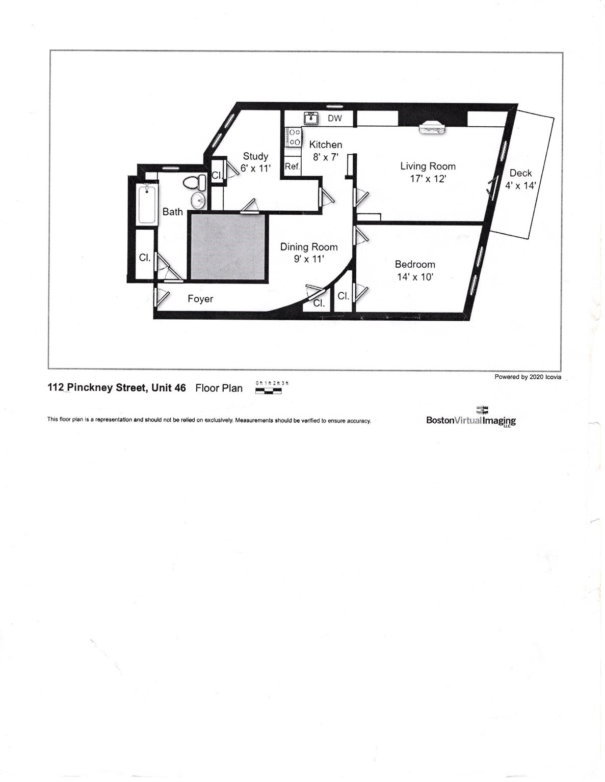 Floor plan of 112 Pinckney Street, Unit 46, with a study and deck.