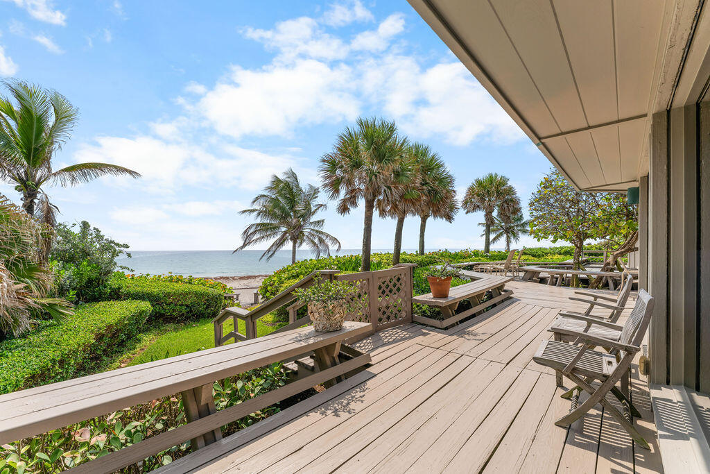 Oceanfront deck with picnic tables and chairs, palm trees, and a view of the water.