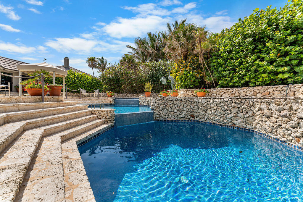 Outdoor pool with curved stone steps, a raised section, and tropical landscaping.