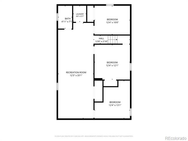 Floor plan showing three bedrooms, a long recreation room, a bath, laundry, and a hall.