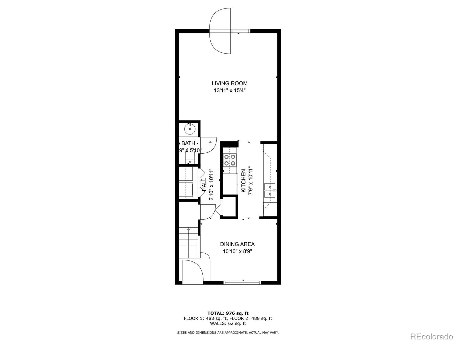Two-level home floor plan showing living room, kitchen, dining area, bath, stairs, and room dimensions.