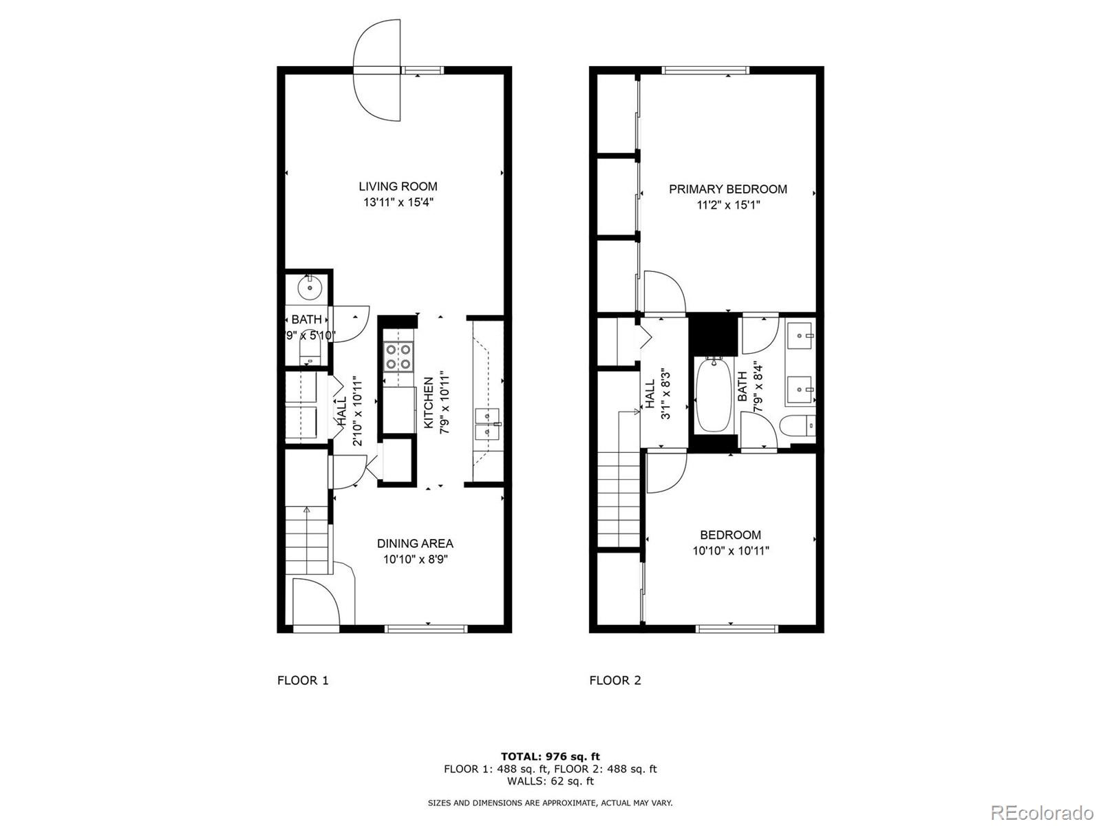 Two-story floor plan showing two bedrooms, two bathrooms, and 976 square feet.