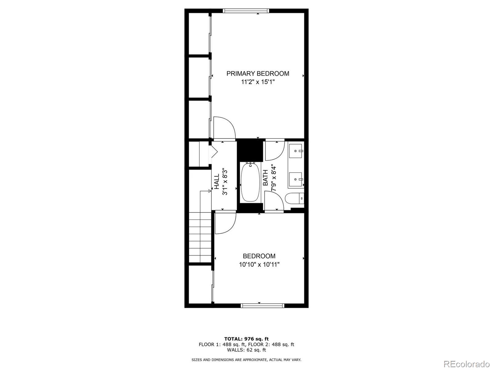 Two-bedroom home floor plan with room dimensions and 976 square feet total.