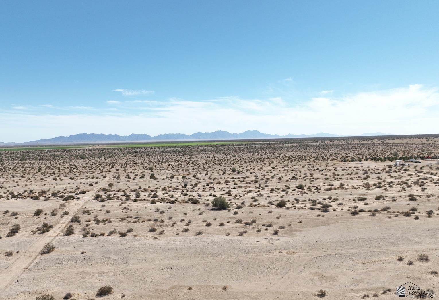 Vacant desert land with sparse scrub and distant mountains.