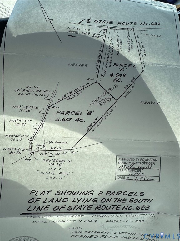 Survey plat showing two land parcels along State Route 623 in Powhatan County, Virginia.