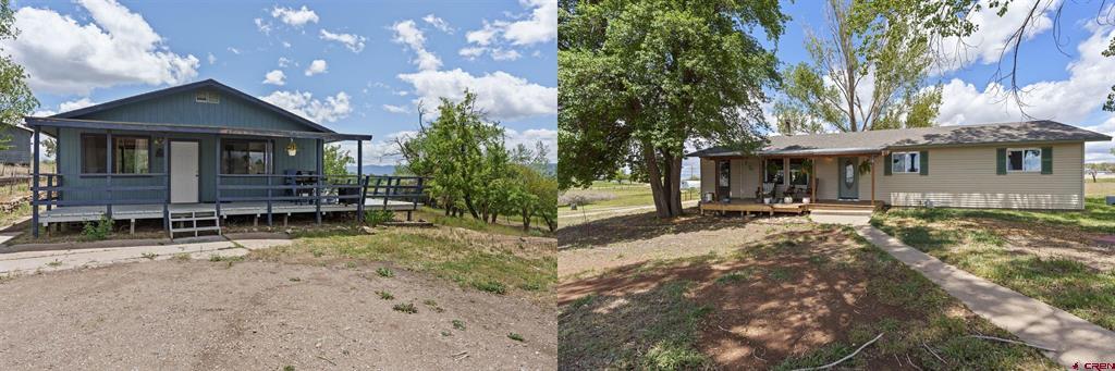 Two rural homes, including a blue raised-porch house and a long tan home beneath mature trees.