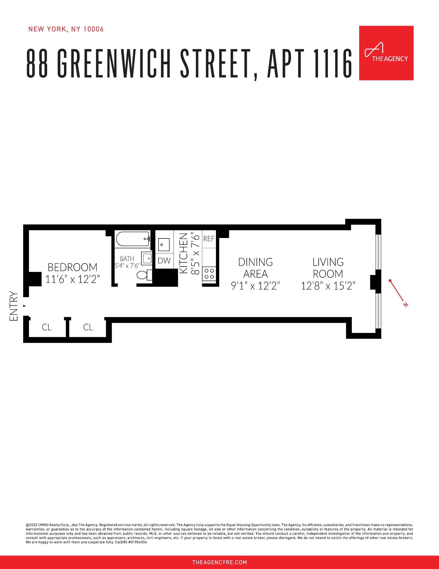 Floor plan for 88 Greenwich Street apartment 1116, showing a one-bedroom layout with room dimensions.