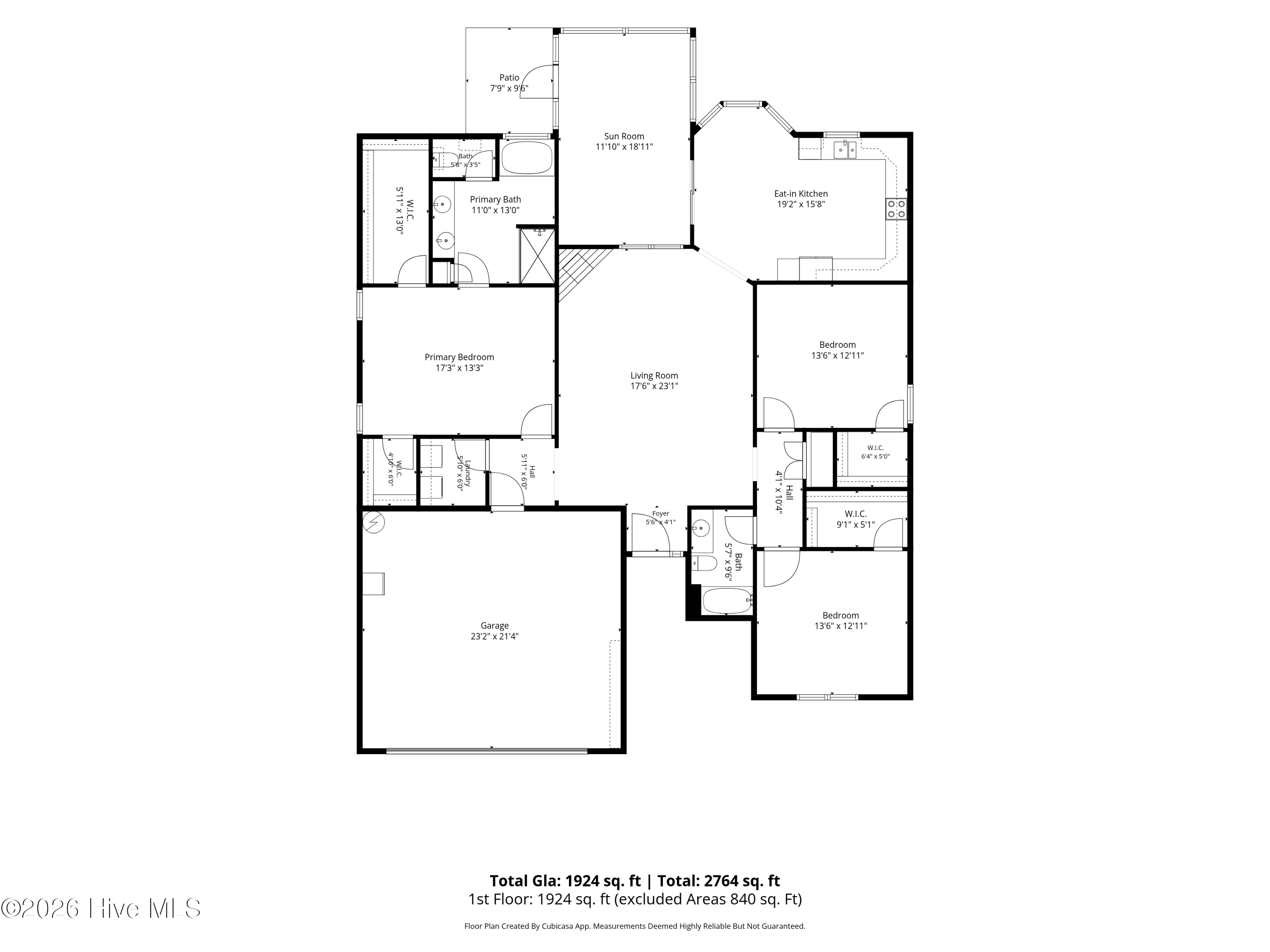 First-floor home plan with three bedrooms, eat-in kitchen, sunroom, patio, and attached garage.
