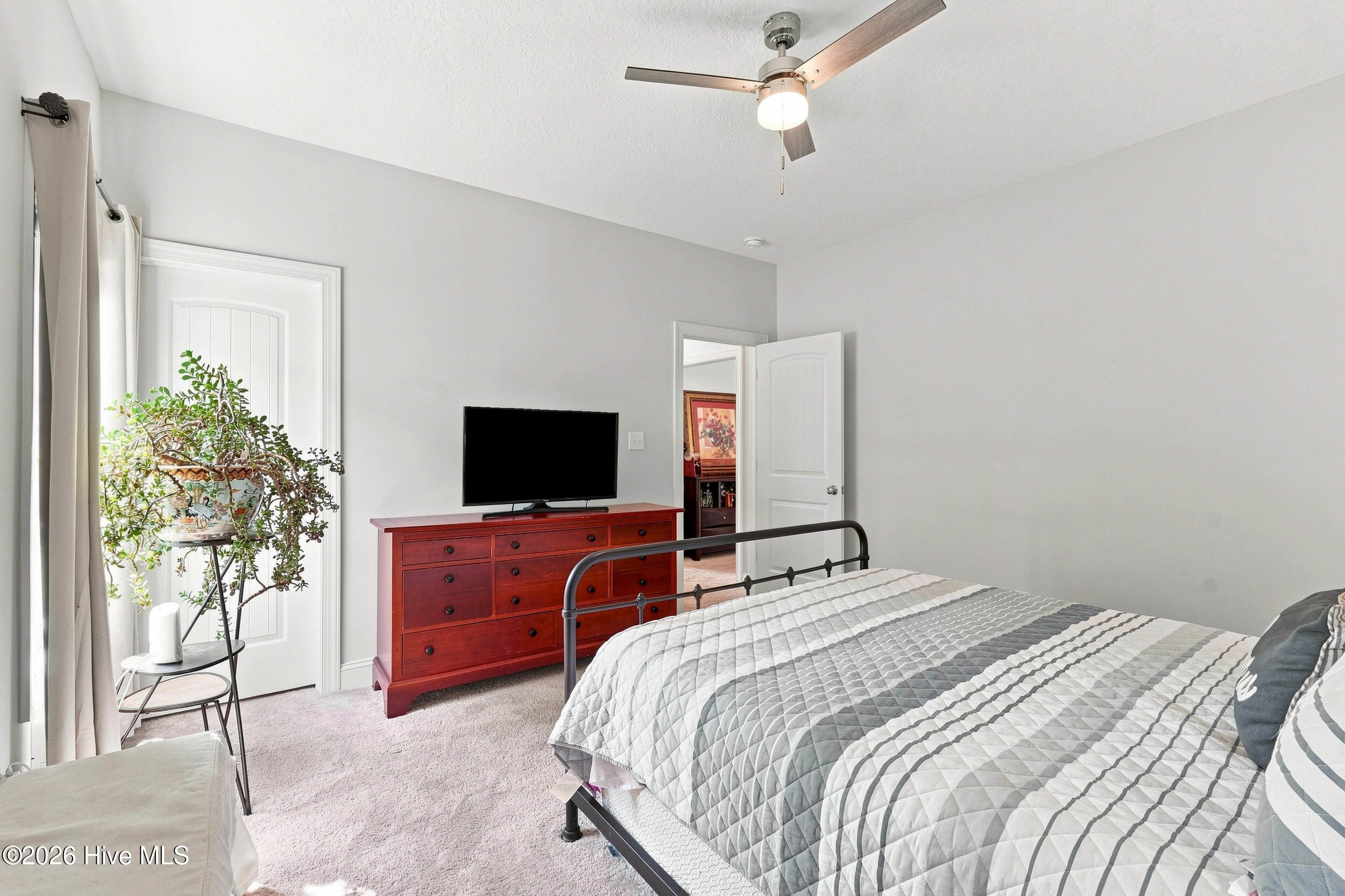 Furnished bedroom with a metal-frame bed, red dresser, television, and potted plant.