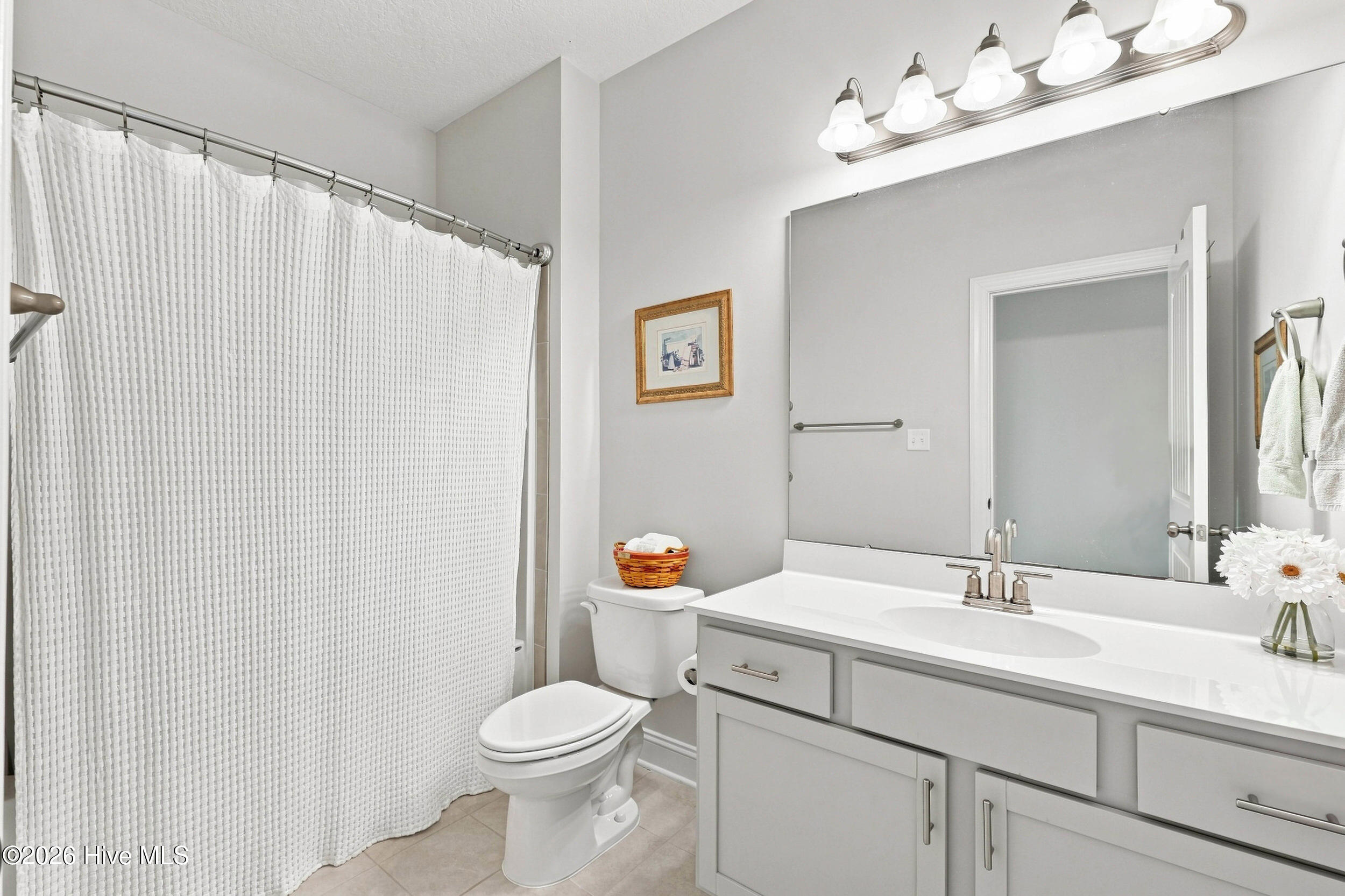 Bathroom with a white shower curtain and toilet beside a light gray vanity and wide mirror.