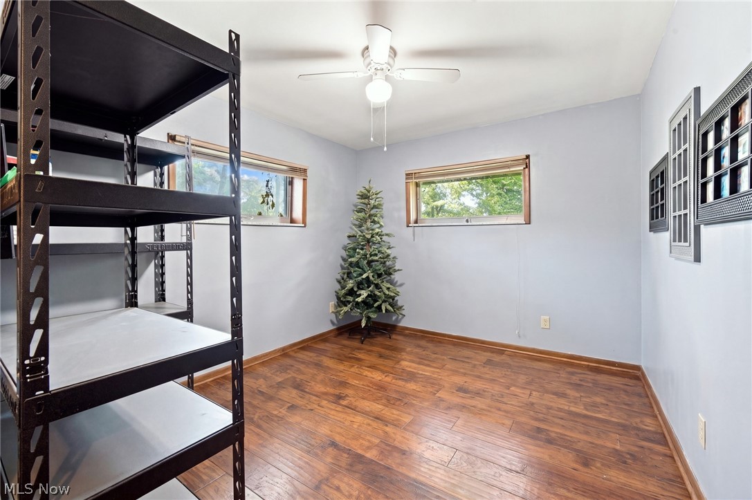 Room with wood-look flooring, black metal shelving, two windows, and a small Christmas tree.