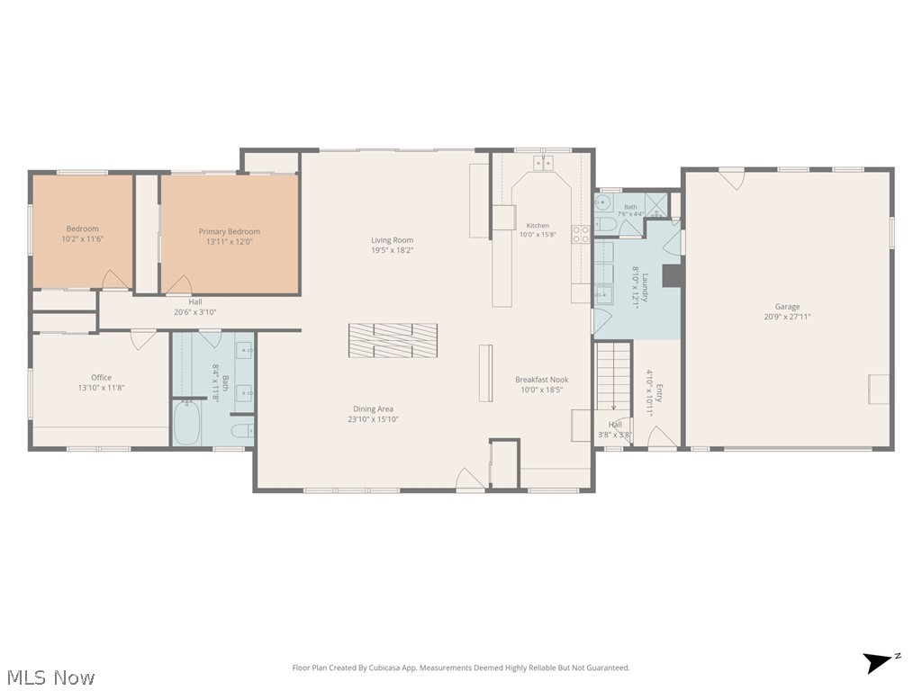 Floor plan showing room layout and dimensions, including an attached garage, office, and two bathrooms.