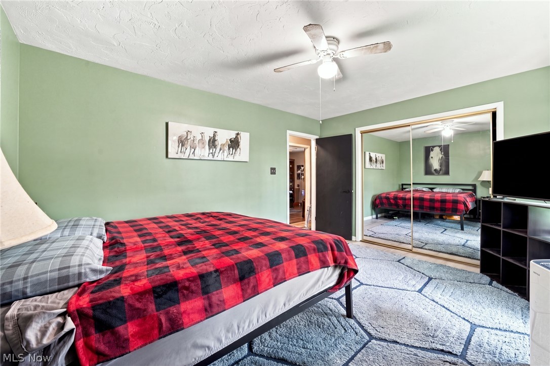 Bedroom with a red-and-black plaid bedspread, mirrored closet doors, and sage green walls.