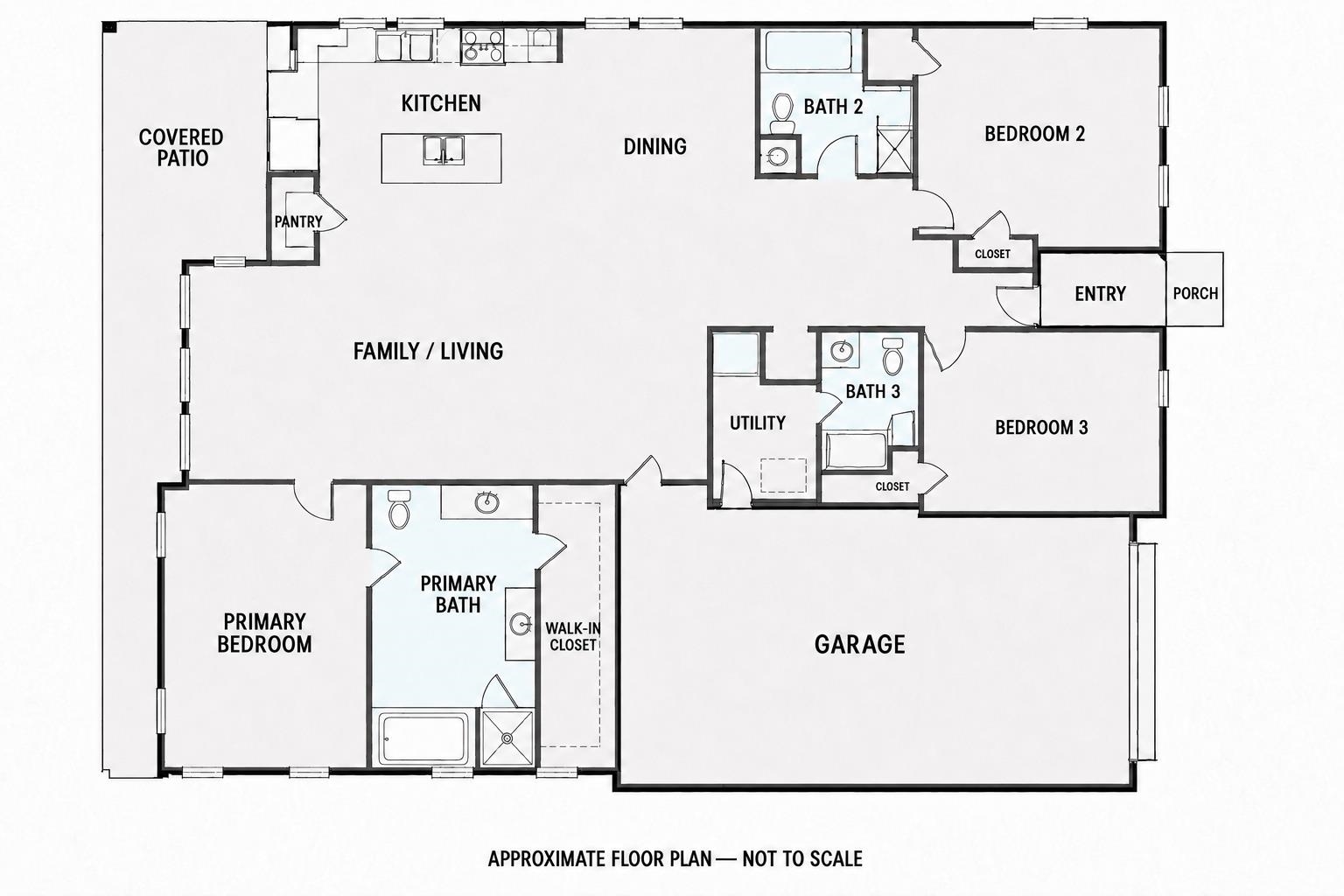Floor plan showing three bedrooms, three baths, open living and dining areas, covered patio, and attached garage.