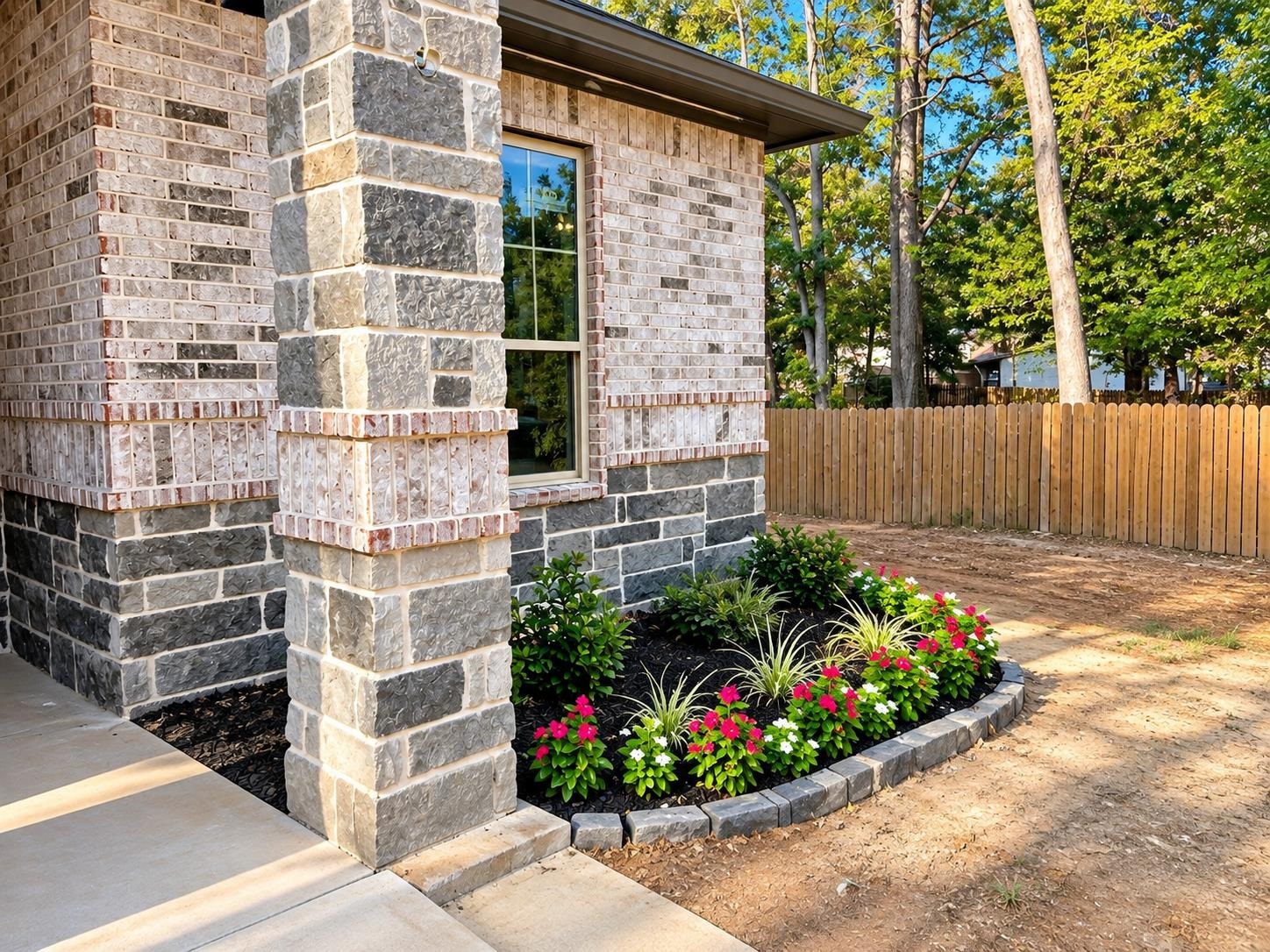 House exterior with a stone-and-brick entry, colorful flower bed, and wooden fence.