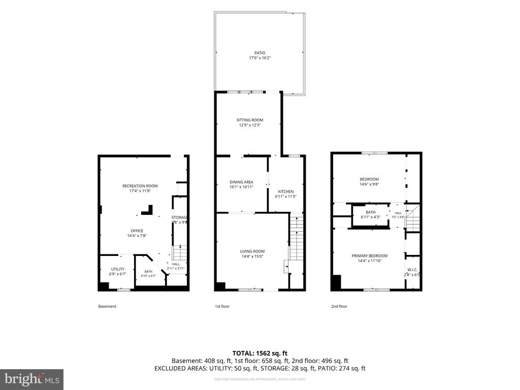 Three-level floor plan showing basement, first-floor living spaces, second-floor bedrooms, and a patio.
